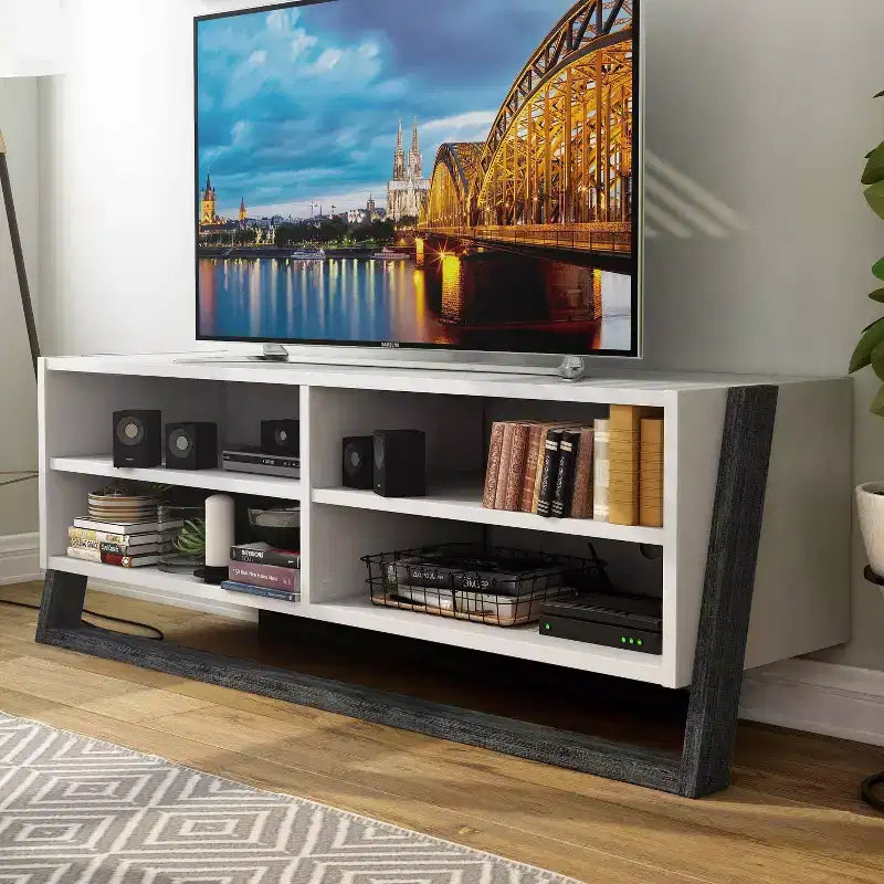 Large 4-Shelf TV Stand for TVs up to 68" - Gray, Transitional Two-Tone Finish with Metal Hardware