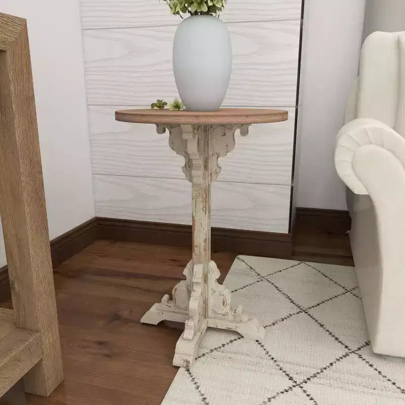 Round Farmhouse Accent Table - Gray, Chinese Fir Wood, Pedestal Base, 16"W x 23"H