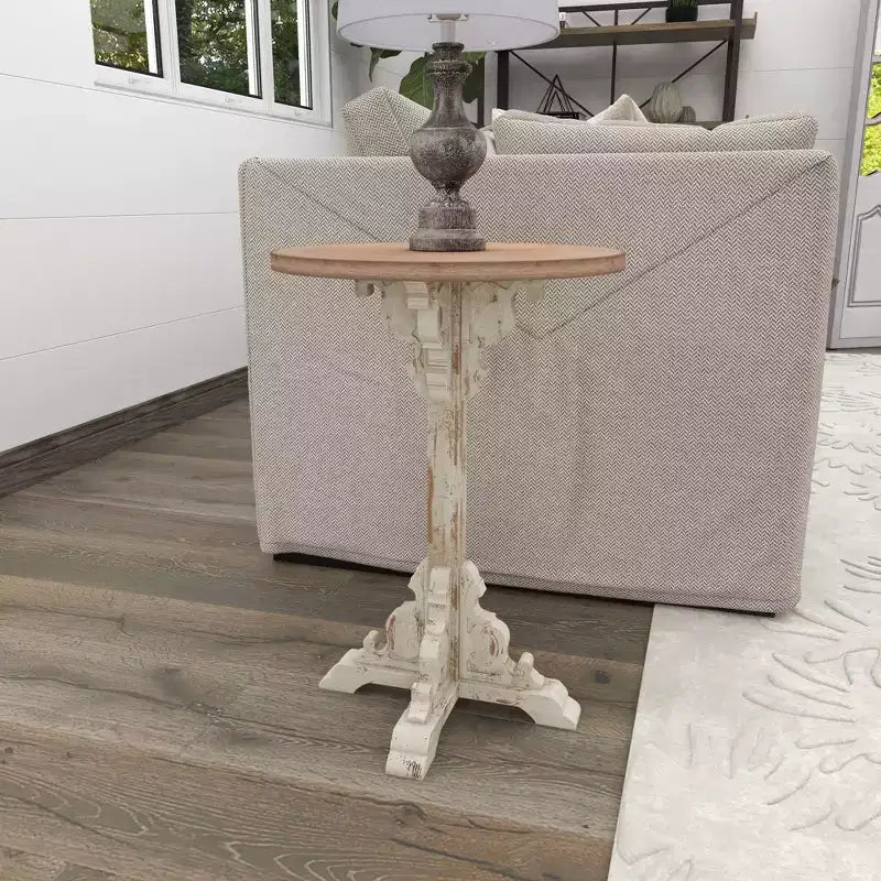 Round Farmhouse Accent Table - Gray, Chinese Fir Wood, Pedestal Base, 16"W x 23"H