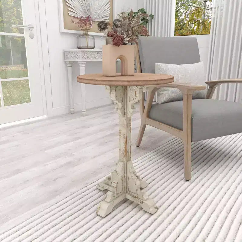 Round Farmhouse Accent Table - Gray, Chinese Fir Wood, Pedestal Base, 16"W x 23"H