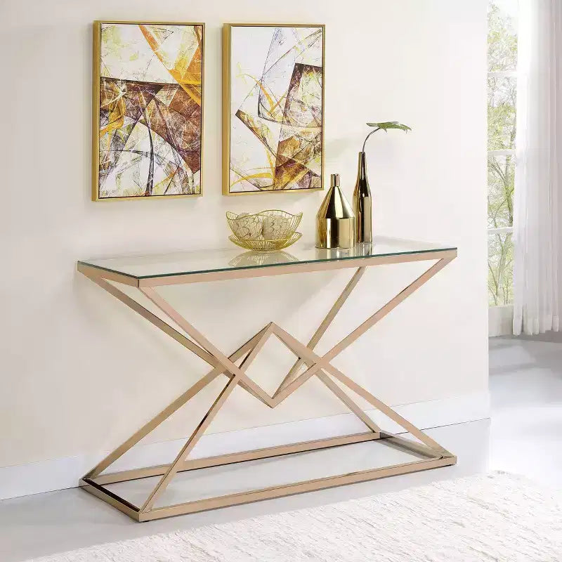 47.25" Glass Top Console Table with Gold Steel Frame - Modern Entryway or Living Room