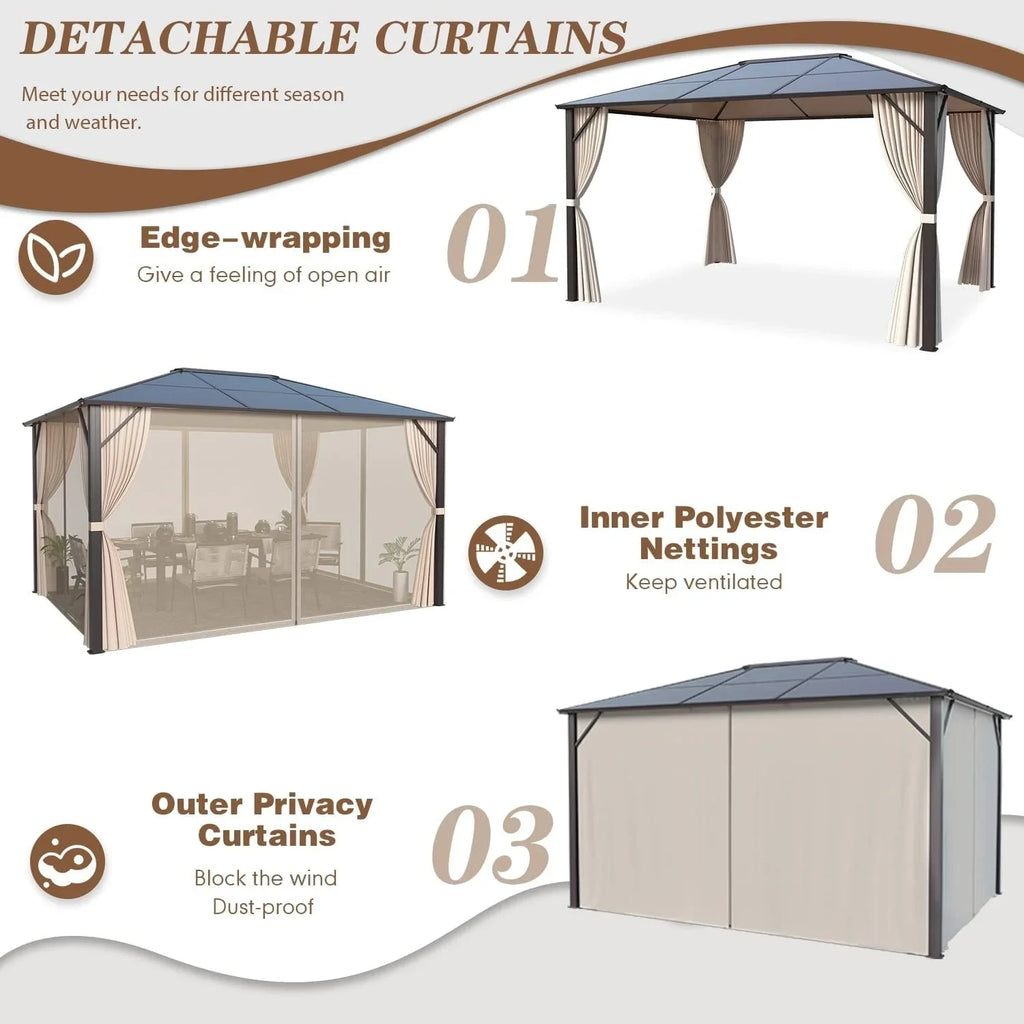 Tonnelle EROMMY à toit rigide, pergola extérieure avec double toit, moustiquaire et rideaux, auvent robuste pour patio, jardin, fête au bord de la piscine