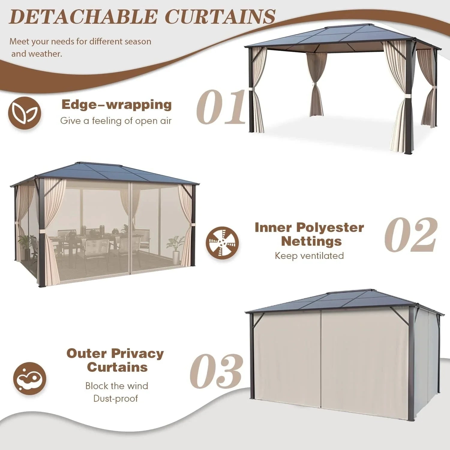 Tonnelle EROMMY à toit rigide, pergola extérieure avec double toit, moustiquaire et rideaux, auvent robuste pour patio, jardin, fête au bord de la piscine