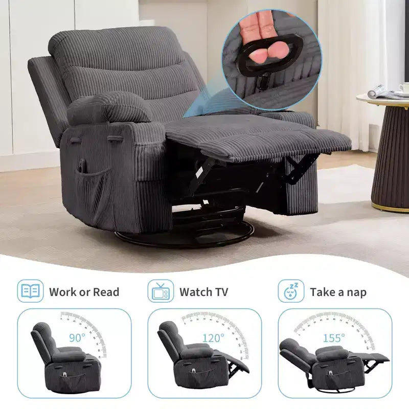 Fauteuil inclinable surdimensionné 360 pivotant et berçant avec massage et chaleur - Fauteuil de salon ergonomique avec porte-gobelets, poches latérales pour salon, chambre de bébé