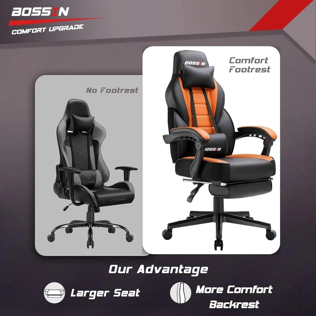 Chaise de jeu style course BOSSIN, fauteuil gamer grande taille 300 lb, chaise d'ordinateur à dossier haut