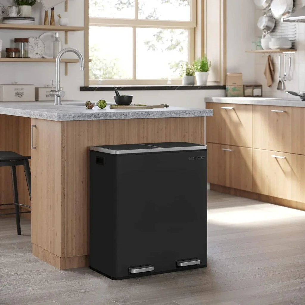 SONGMICS Poubelle double, 60L, en acier inoxydable, noire