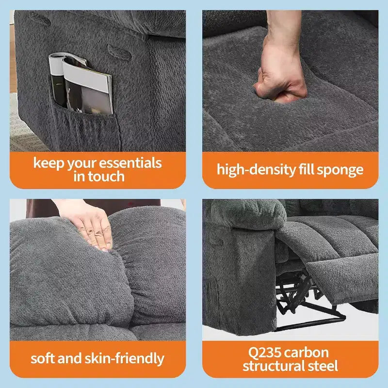 Fauteuil inclinable manuel, fauteuil inclinable ergonomique en tissu respirant avec poches latérales, canapé individuel, adapté au salon et à la chambre à coucher