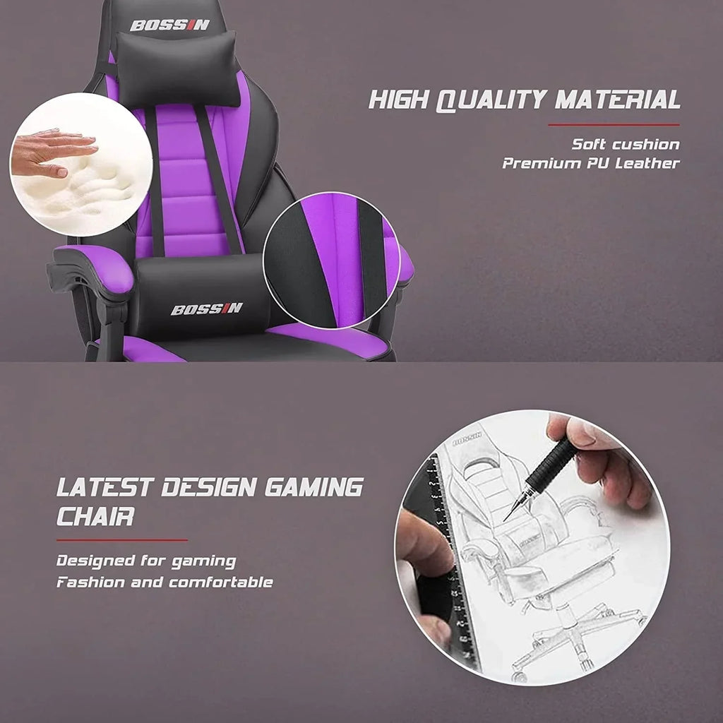Chaise de jeu style course BOSSIN, fauteuil gamer grande taille 300 lb, chaise d'ordinateur à dossier haut