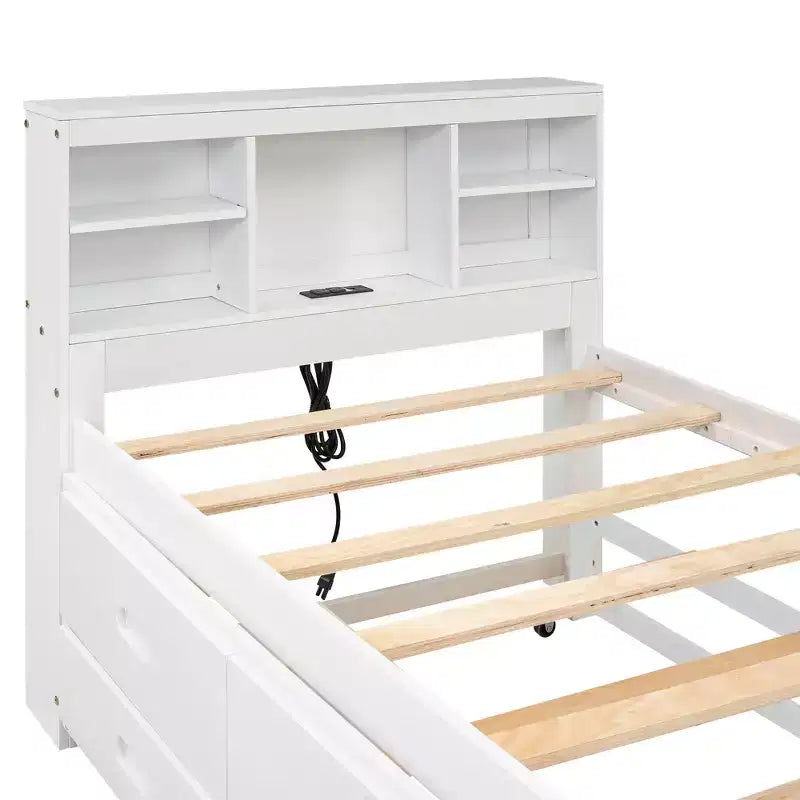 Lit plateforme avec lit gigogne et tiroirs, lit plateforme de rangement avec USB, lit plateforme en bois avec bibliothèque