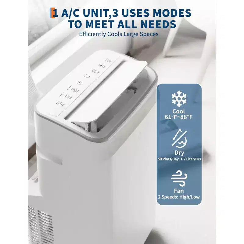 Climatiseur portable 15 000 BTU, unité de climatisation portable 3-en-1 avec déshumidificateur et ventilateur, mode veille, télécommande et panneau LED, rafraîchit 850 pieds carrés, silencieux