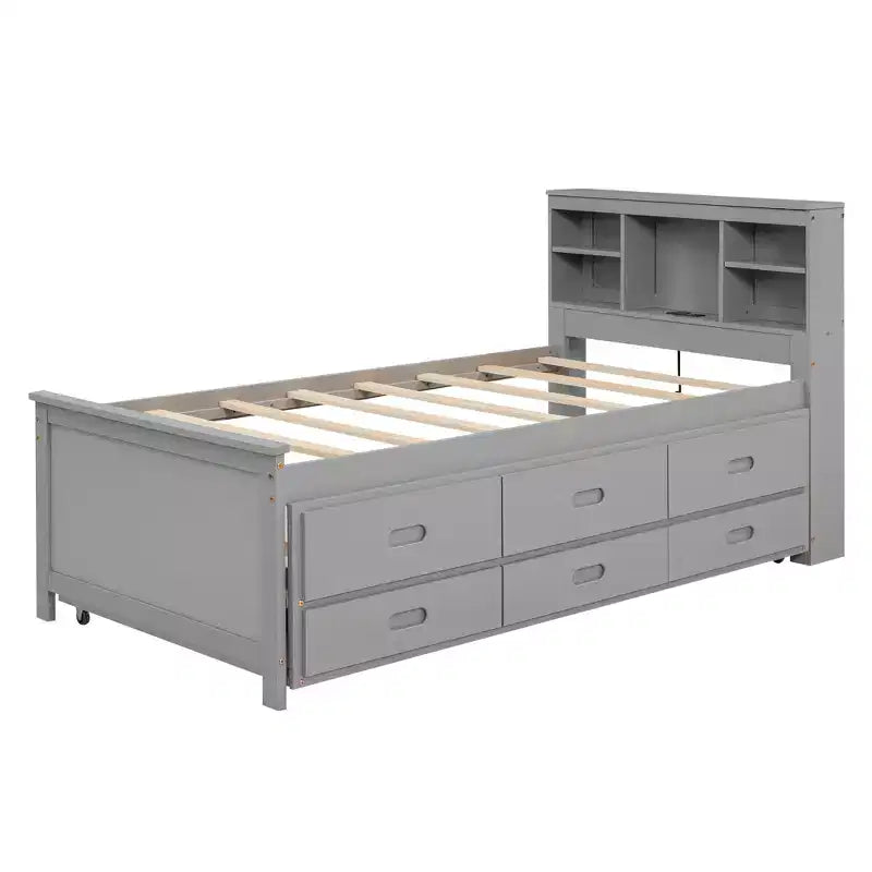 Lit plateforme avec lit gigogne et tiroirs, lit plateforme de rangement avec USB, lit plateforme en bois avec bibliothèque