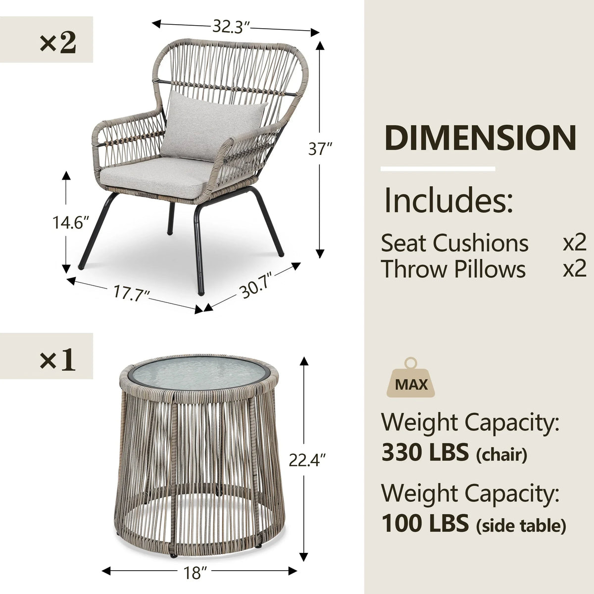 Ensemble bistrot 3 pièces en osier pour conversation, salon de jardin en rotin résistant aux intempéries avec coussins