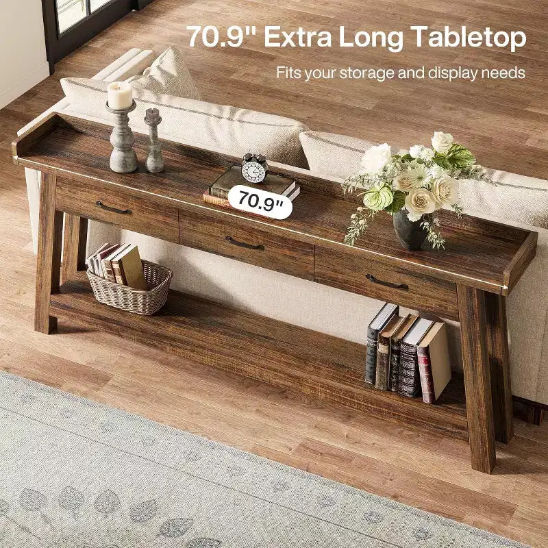 Table de canapé à 2 niveaux Lantine avec 3 tiroirs, console de 180 cm avec chicane surélevée et étagères de rangement pour salon, couloir, entrée