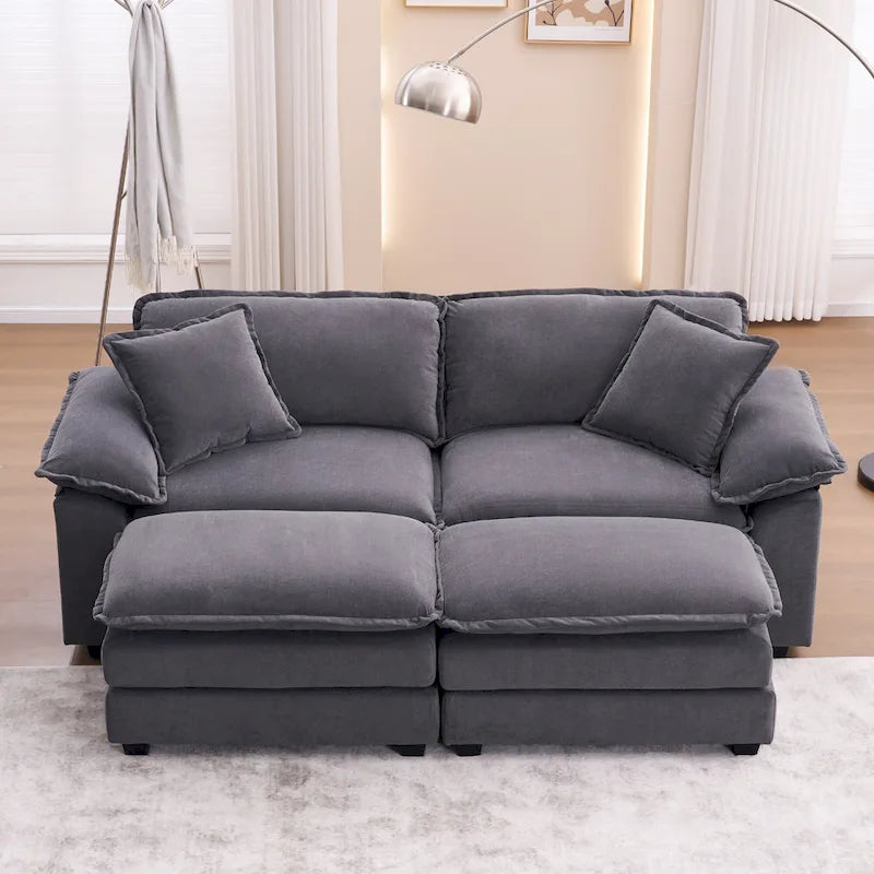 Canapé 2 places avec 2 coussins de siège, 2 oreillers et 2 poufs, canapé confortable - Canapé profond de salon, canapé modulable