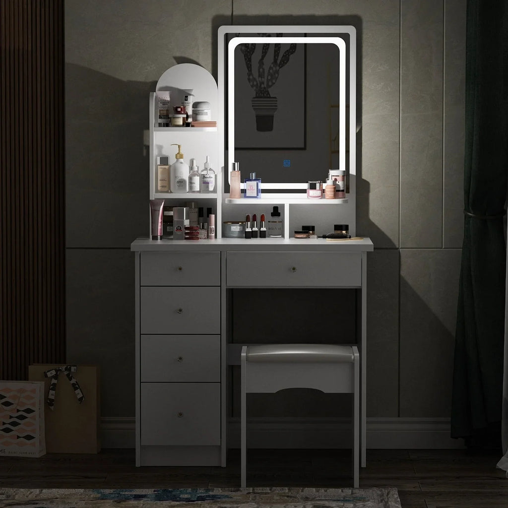 Coiffeuse avec miroir LED intégré et tabouret