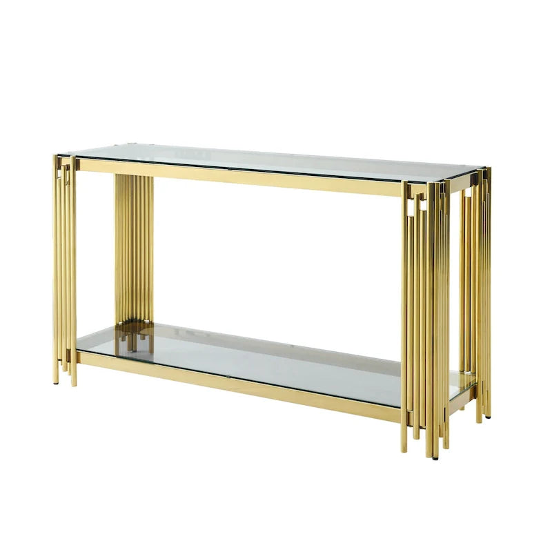 Console étroite à 2 niveaux avec structure en métal doré et plateau en verre trempé