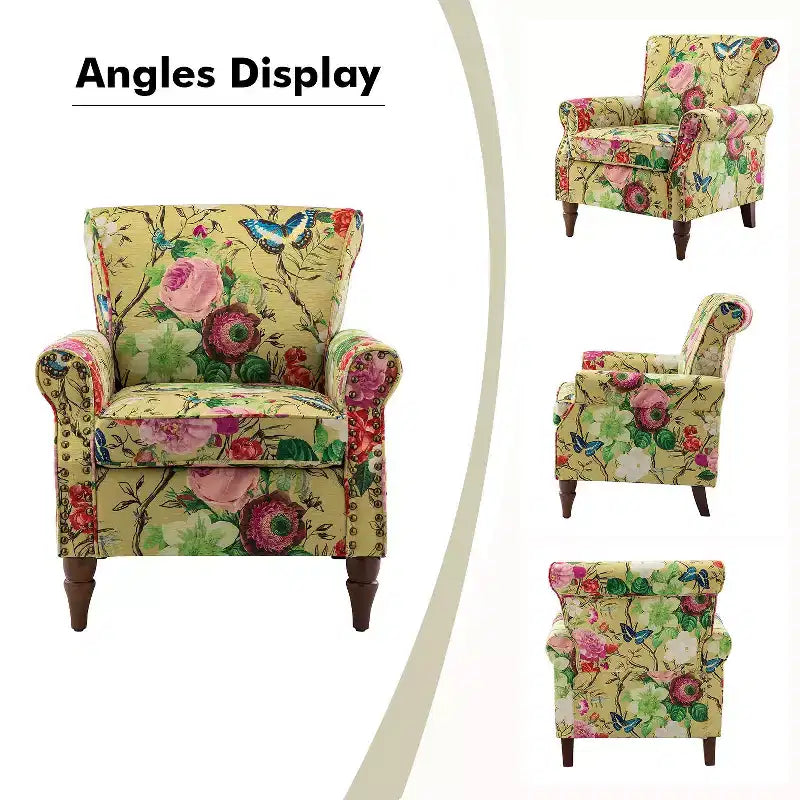 Fauteuil en bois traditionnel Araceli, rembourré à motifs floraux, avec dossier à oreilles et garniture cloutée | ART OF LIVING DESIGNS