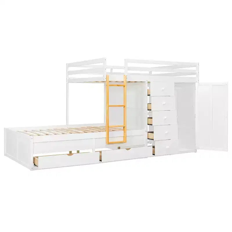 Lit superposé double sur double avec armoire de rangement et tiroirs, lit superposé double en bois peu encombrant avec garde-corps pour appartement, chambre à coucher