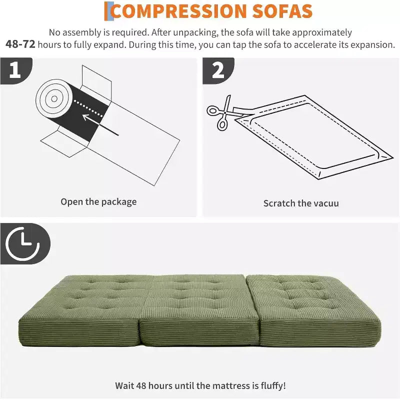 SunnyFurn Matelas pliant triple 6 pouces pour canapé-lit, 75X54.3 Lit d'appoint pliable en mousse avec velours côtelé capitonné, portable pour le camping, le salon, la chambre à coucher