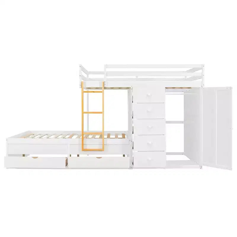 Lit superposé double sur double avec armoire de rangement et tiroirs, lit superposé double en bois peu encombrant avec garde-corps pour appartement, chambre à coucher