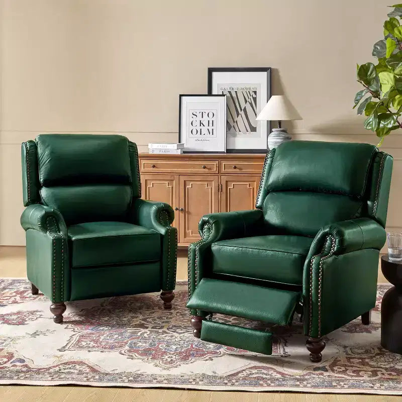 Ensemble de 2 fauteuils inclinables modernes en cuir véritable Elisabete avec garniture cloutée vintage pour salon et chambre à coucher | ART OF LIVING DESIGNS