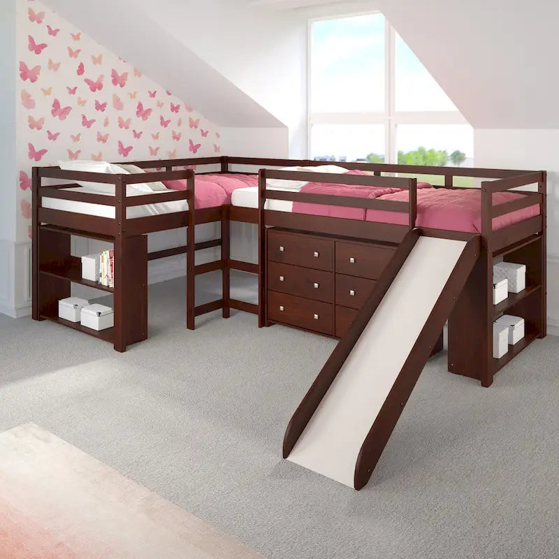 Ensemble de chambre mezzanine en L Double Twin avec toboggan, finition cappuccino foncé