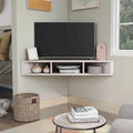 Meuble TV d'angle flottant de 119 cm, 3 étagères, style transitionnel, fixation murale gain de place