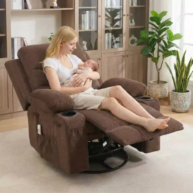 Fauteuil inclinable surdimensionné 360 pivotant et berçant avec massage et chaleur - Fauteuil de salon ergonomique avec porte-gobelets, poches latérales pour salon, chambre de bébé