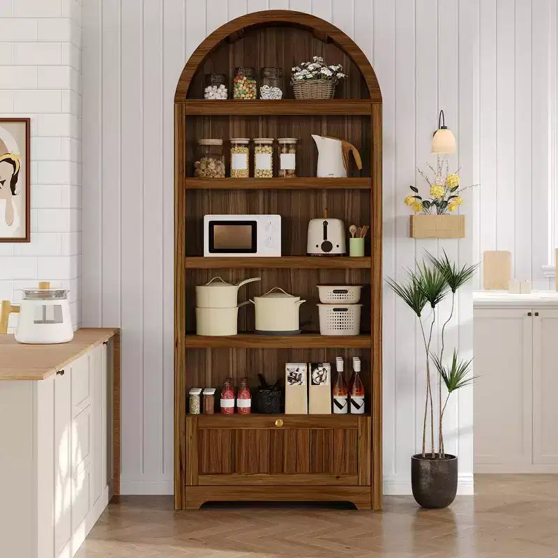 Bibliothèque arquée de 72 po avec tiroir de rangement, armoire de présentation moderne en bois à 6 niveaux avec étagères ouvertes et tiroir inférieur, porte d'armoire incurvée