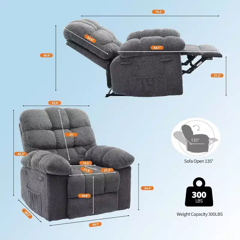 Fauteuil inclinable manuel, fauteuil inclinable ergonomique en tissu respirant avec poches latérales, canapé individuel, adapté au salon et à la chambre à coucher