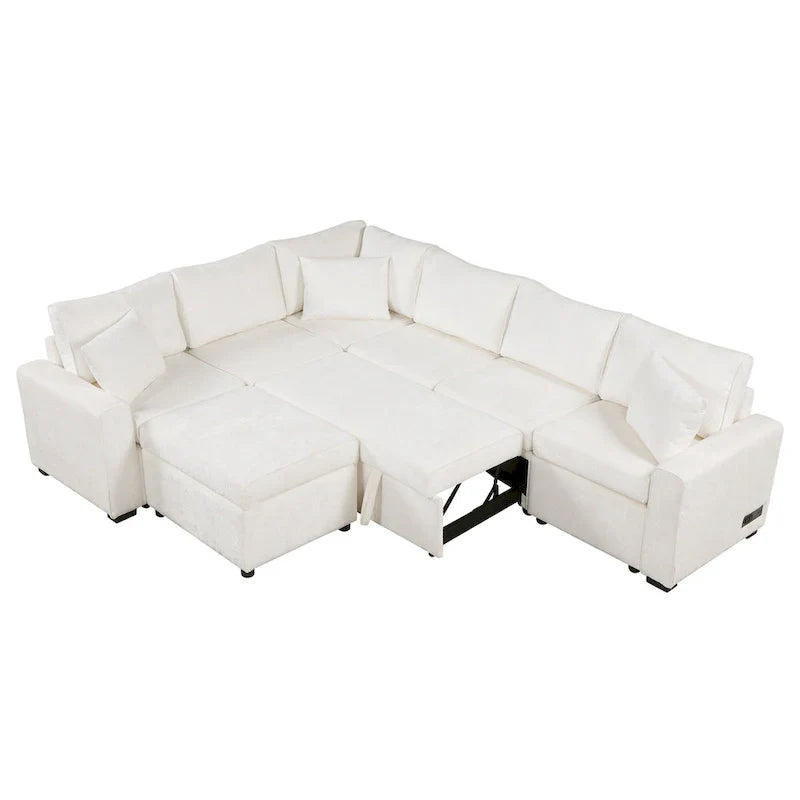 Canapé d'angle en chenille convertible, canapé-lit en forme de L avec pouf de rangement, 3 oreillers et dispositifs de charge