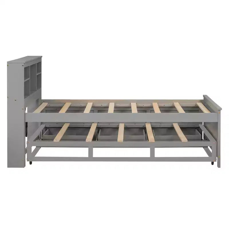 Lit plateforme avec lit gigogne et tiroirs, lit plateforme de rangement avec USB, lit plateforme en bois avec bibliothèque