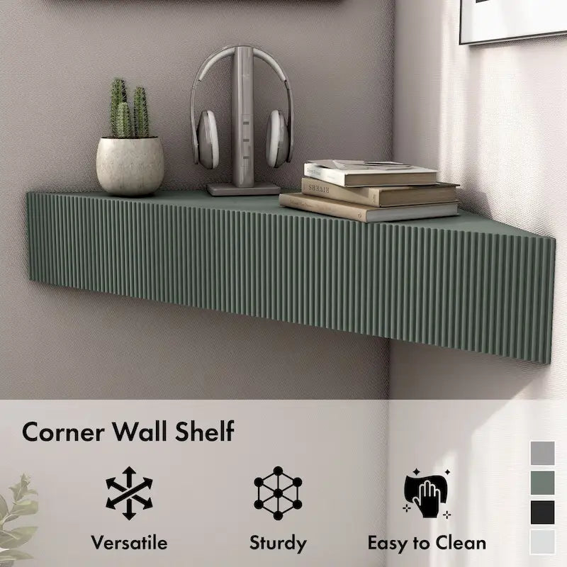 Meuble TV d'angle flottant de 119 cm, 3 étagères, style transitionnel, fixation murale gain de place