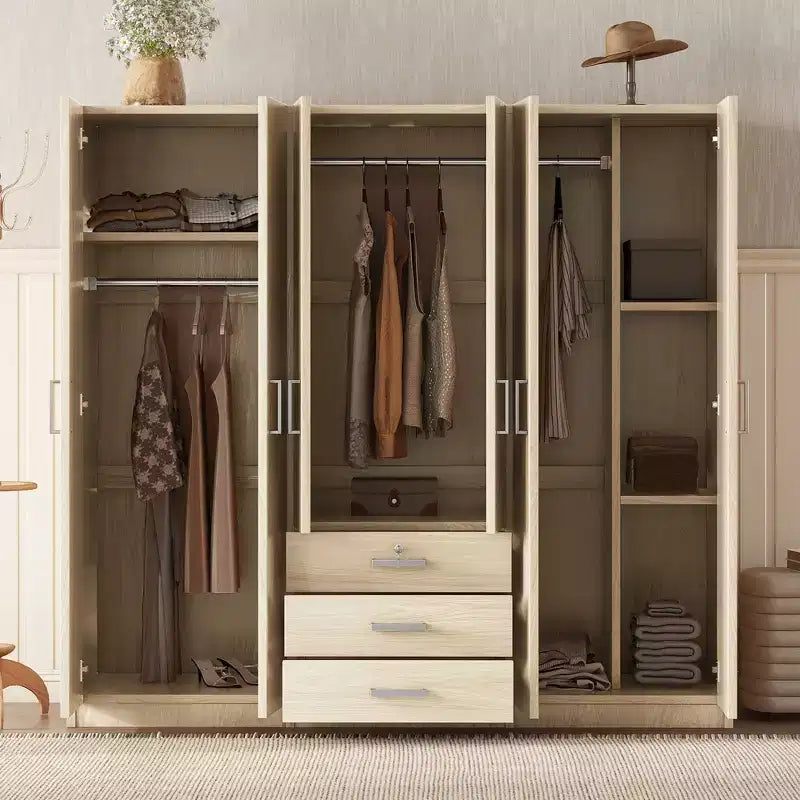 Armoire 6 portes en bois avec tiroirs pour chambre à coucher