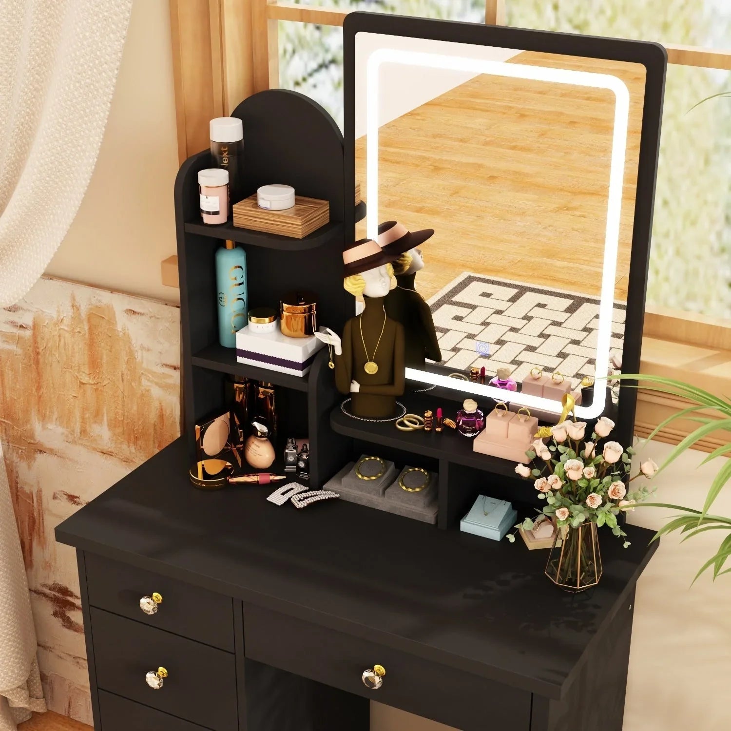 Coiffeuse avec miroir LED intégré et tabouret