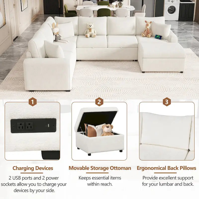Canapé d'angle en chenille convertible, canapé-lit en forme de L avec pouf de rangement, 3 oreillers et dispositifs de charge