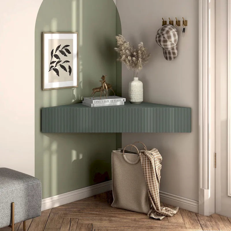Meuble TV d'angle flottant de 119 cm, 3 étagères, style transitionnel, fixation murale gain de place