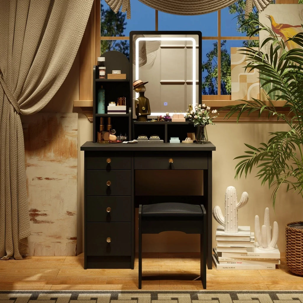 Coiffeuse avec miroir LED intégré et tabouret
