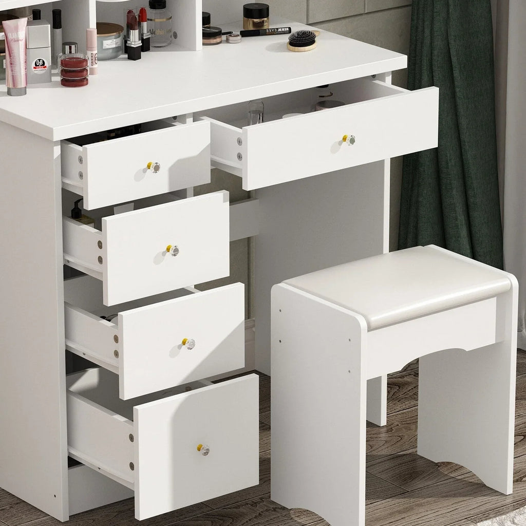 Coiffeuse avec miroir LED intégré et tabouret
