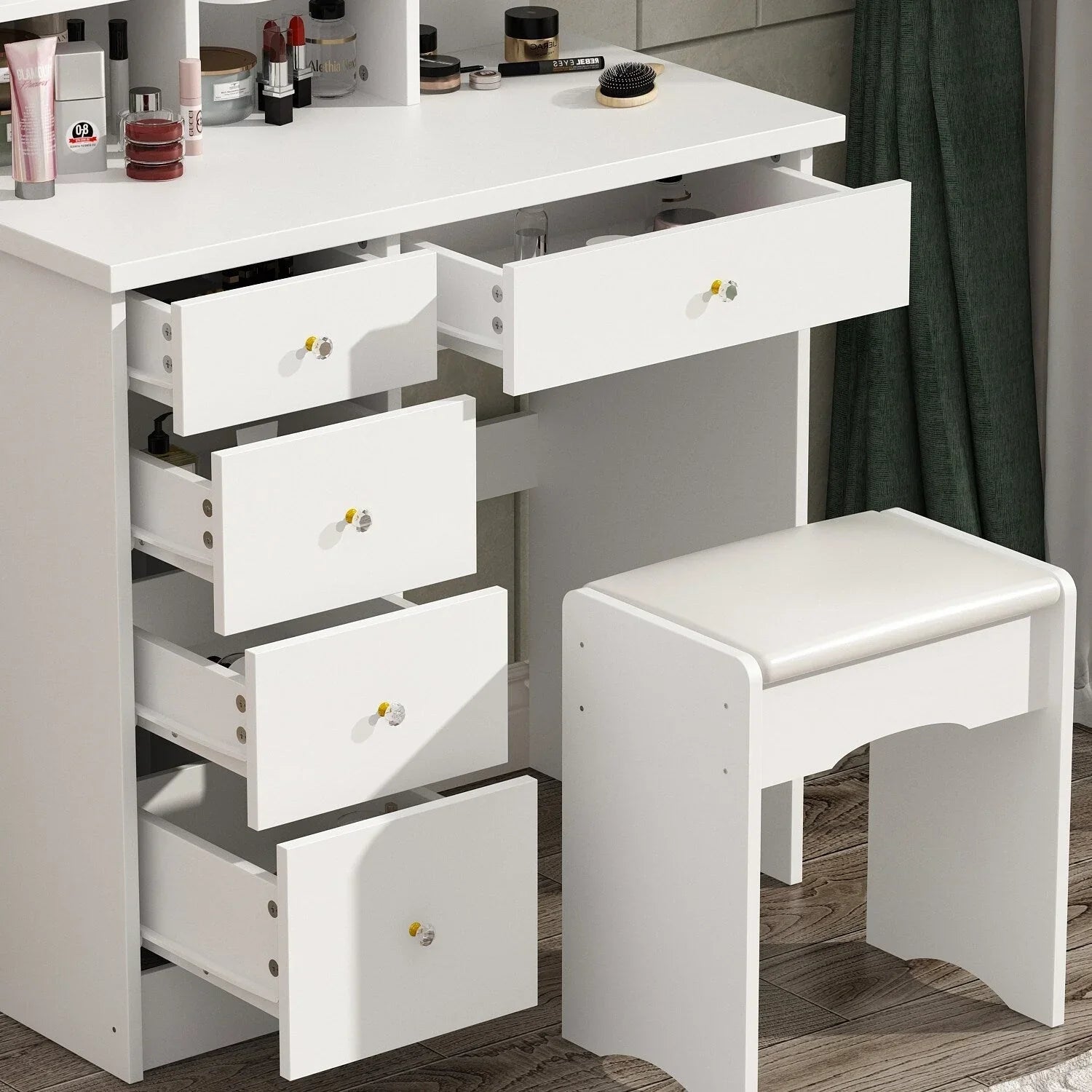 Coiffeuse avec miroir LED intégré et tabouret