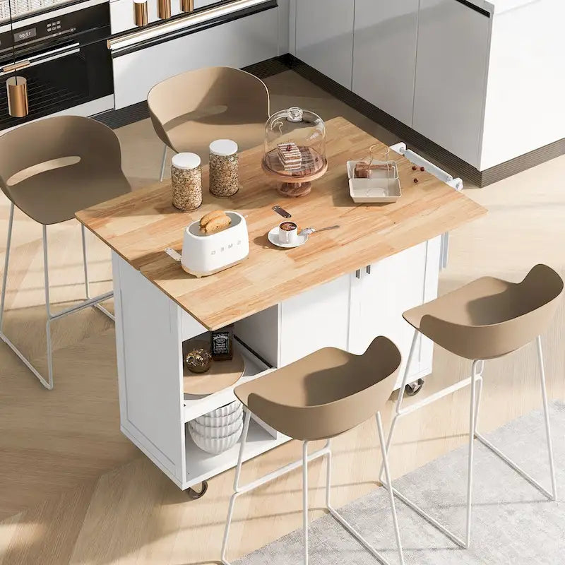 Îlot de cuisine avec plan de travail pliable, desserte de rangement de cuisine avec étagère coulissante, porte-serviettes et tiroir, roulettes.