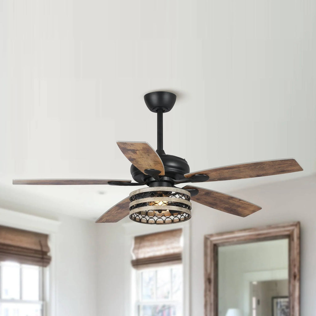 Ventilateur de plafond 52" Farmhouse Driftwood avec 5 pales, cage noire et télécommande