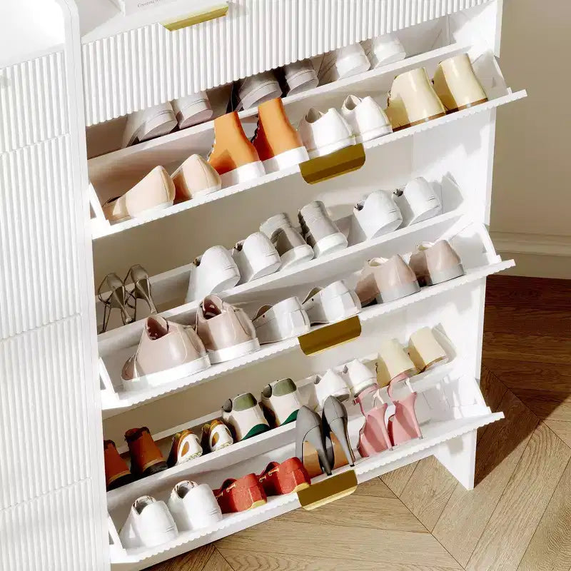 Meuble à chaussures moderne blanc avec 3 tiroirs basculants et 2 petits tiroirs et crochet, organiseur de rangement à chaussures fin cannelé, meuble d'entrée étroit