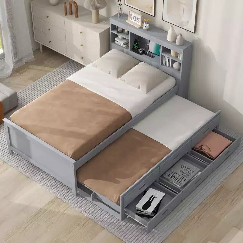 Lit plateforme avec lit gigogne et tiroirs, lit plateforme de rangement avec USB, lit plateforme en bois avec bibliothèque