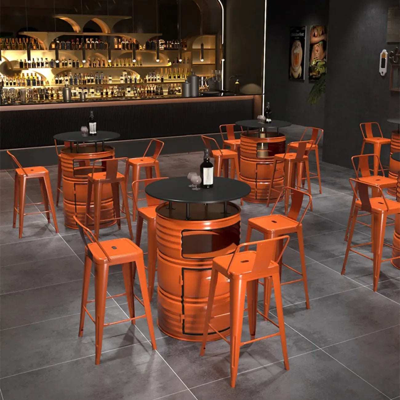 Tables de bar de rangement en fûts métalliques industriels noirs et orange