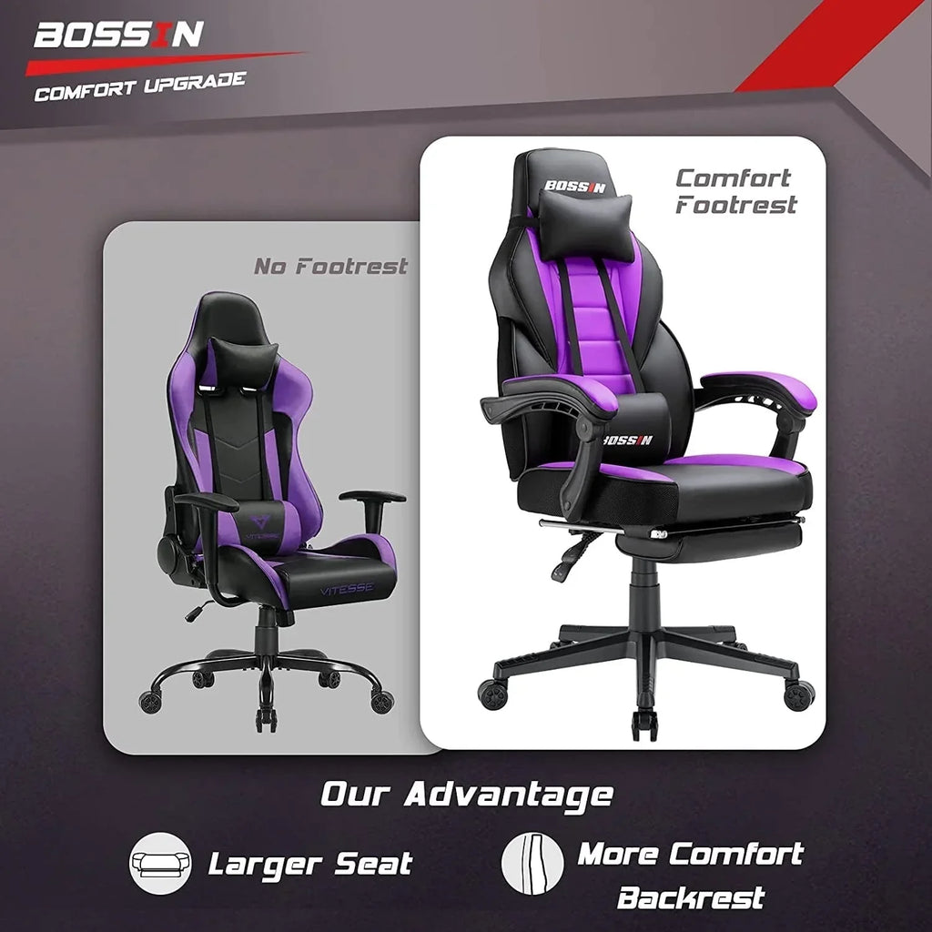 Chaise de jeu style course BOSSIN, fauteuil gamer grande taille 300 lb, chaise d'ordinateur à dossier haut