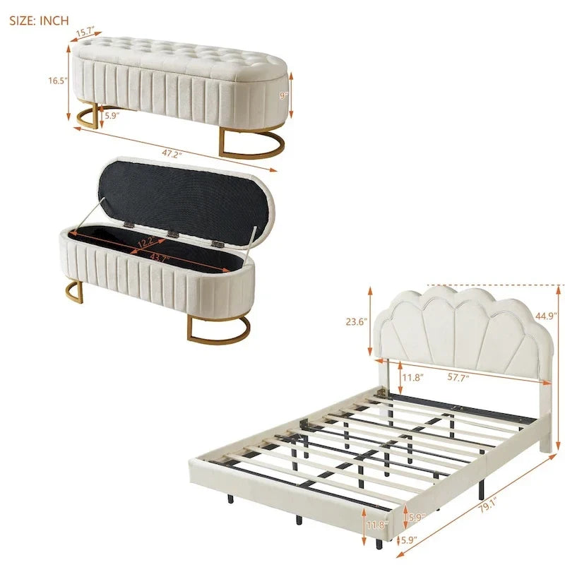 Ensembles de chambre à coucher 2 pièces – Lit plateforme double avec LED et pouf de rangement