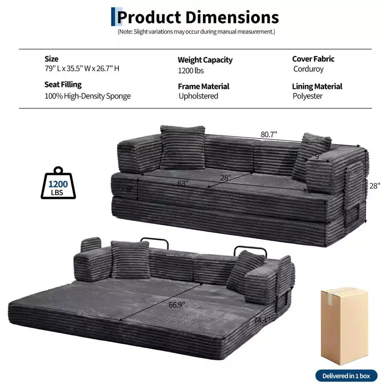 Canapé-Lit Convertible 5-en-1 de 80,7 po – Velours Côtelé, 1200 lb, Aucun Assemblage Requis