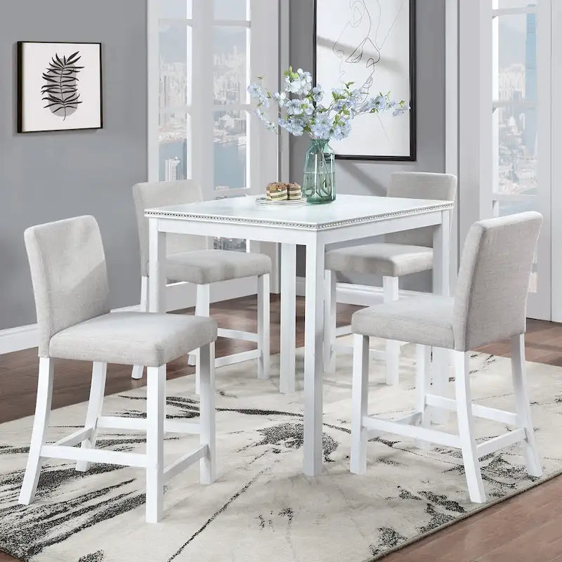 Ensemble de salle à manger moderne 5 pièces avec table carrée hauteur comptoir et 4 chaises rembourrées