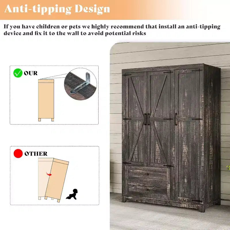 AMERLIFE Armoire de garde-robe de ferme 47 avec 3 portes, 2 tiroirs, tringle à vêtements et étagères réglables, organisateur de placard autoportant